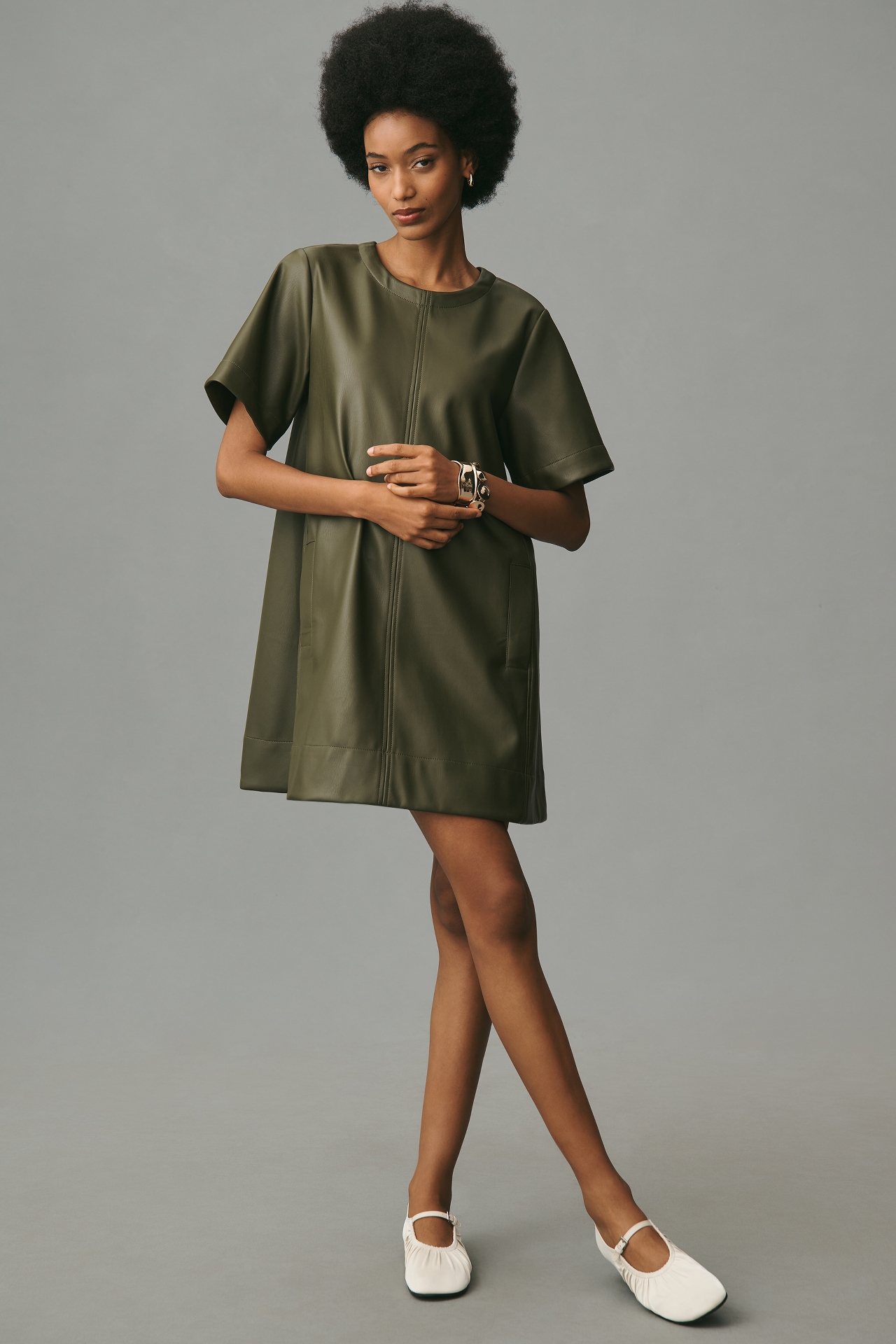 The Emmy Short-Sleeve Swing Mini Dress by Maeve: Faux-Leather Edition