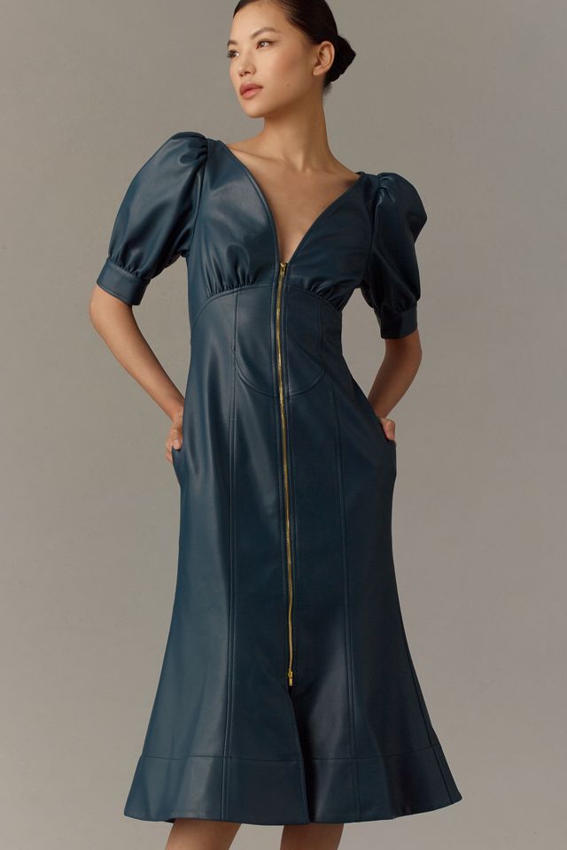 By Anthropologie Faux Leather Puff-Sleeve Zip-Front Midi Dress #2