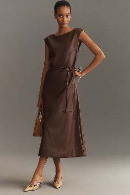 MAEVE SLEEVELESS FAUX-LEATHER WRAP MIDI DRESS 