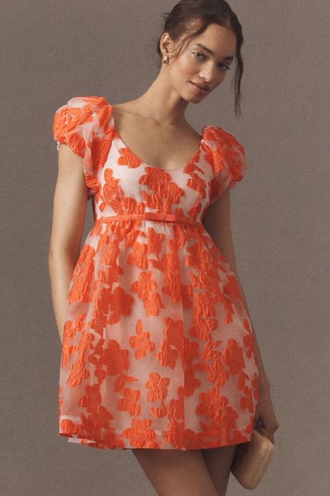 By Anthropologie Puff-Sleeve Scoop-Neck Babydoll Mini Dress