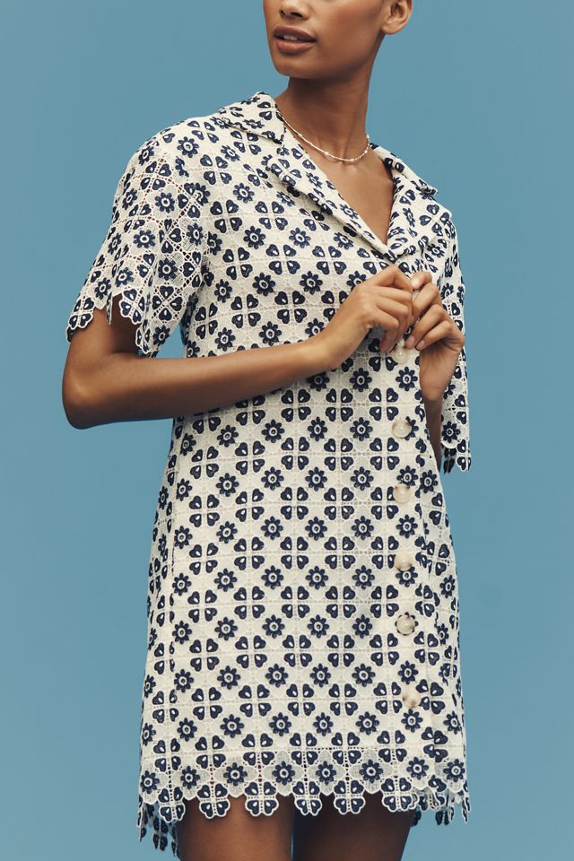 Maeve Short-Sleeve Geo Lace Mini Shirt Dress #1