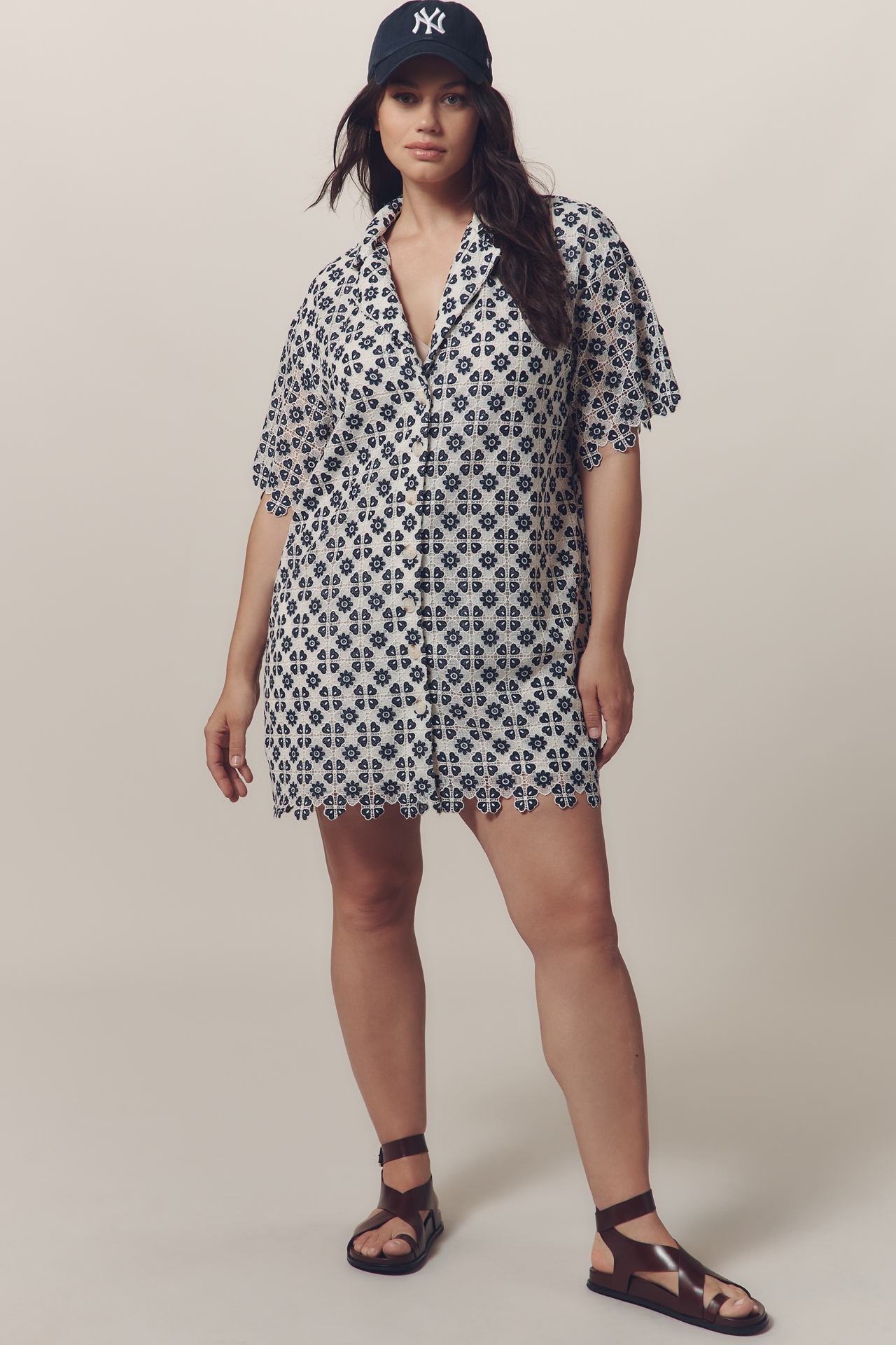 Maeve Short-Sleeve Geo Lace Mini Shirt Dress