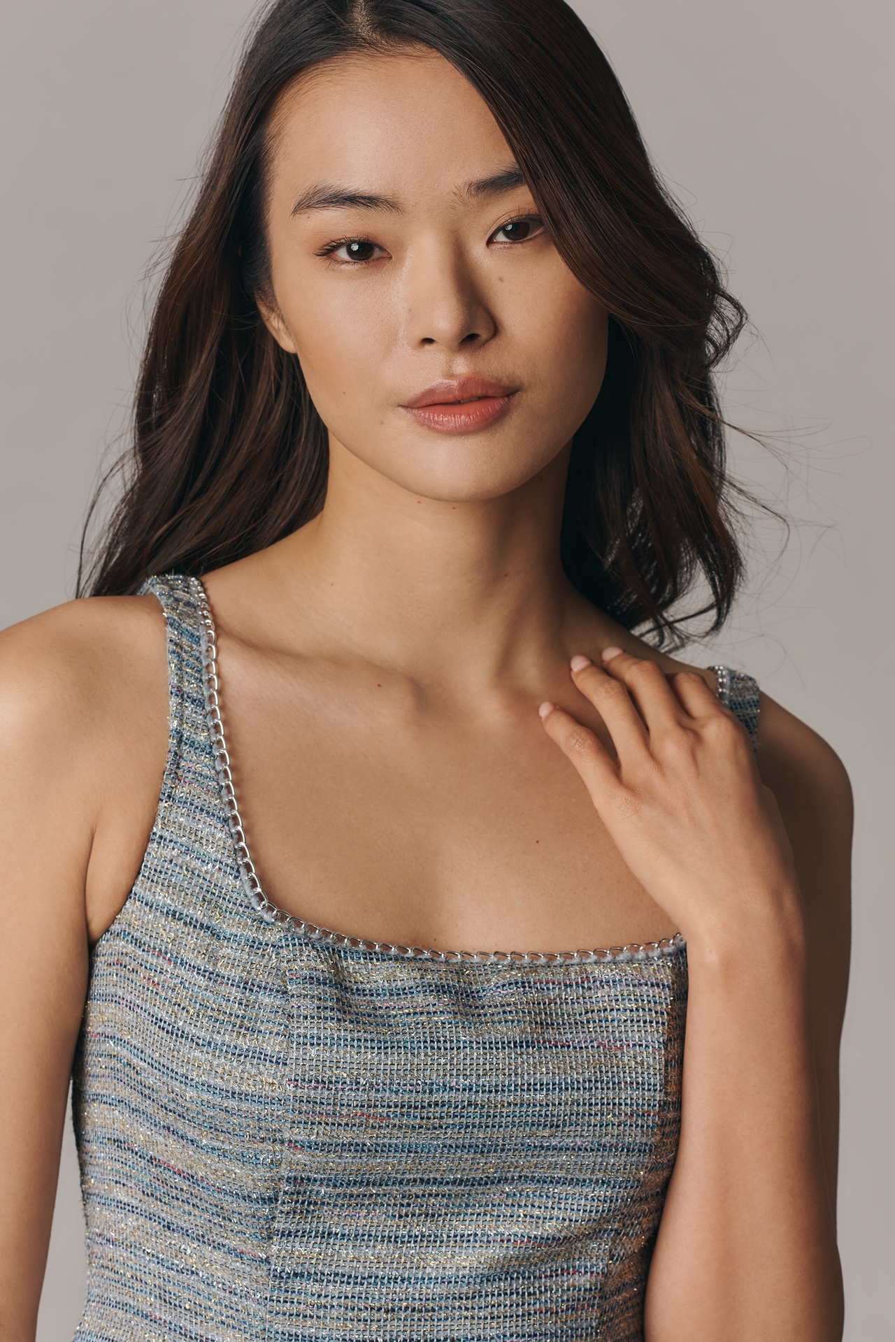 By Anthropologie Sleeveless Square-Neck Tweed Fit & Flare Mini Dress