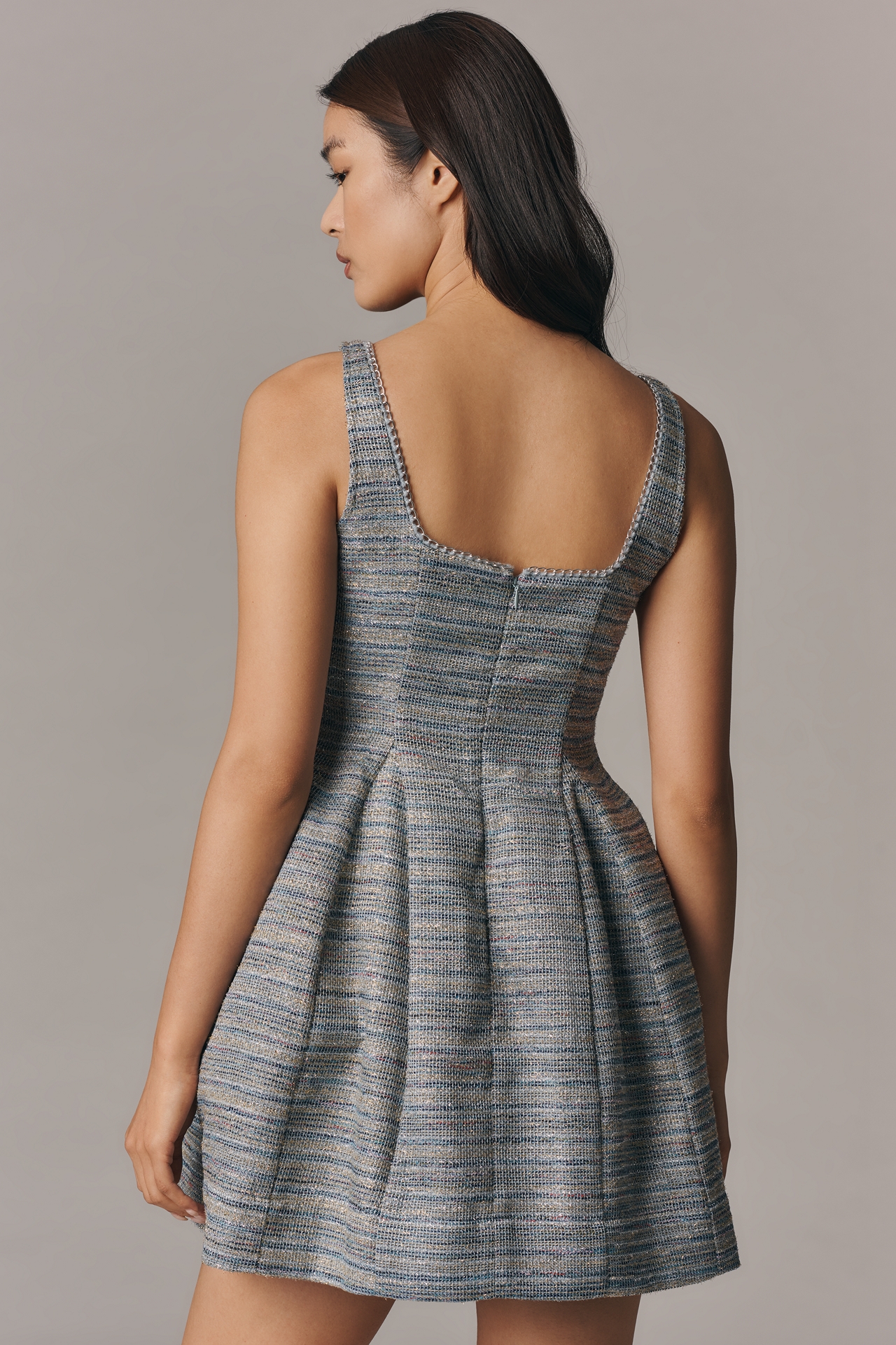 By Anthropologie Sleeveless Square-Neck Tweed Fit & Flare Mini Dress