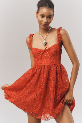anthropologie By Anthropologie Ruffle-Strap Corset Lace Mini Dress Lipstick Red