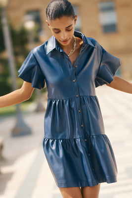 Maeve The Bettina Faux-leather Mini Shirt Dress By  In Blue