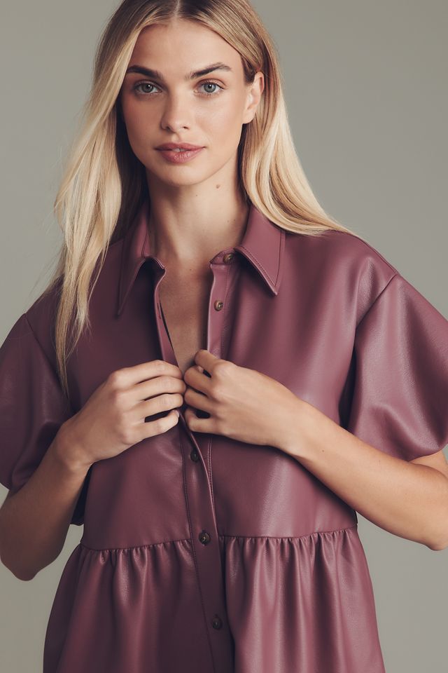 The Bettina Faux-Leather Mini Shirt Dress by Maeve