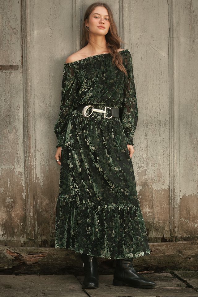 By Anthropologie Smocked Off-Shoulder Velvet Maxi Dress #2