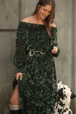 By Anthropologie Smocked Off-Shoulder Velvet Maxi Dress