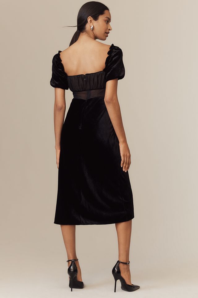 By Anthropologie Puff-Sleeve Mesh Velvet Midi Dress #1