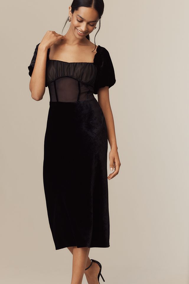 By Anthropologie Puff-Sleeve Mesh Velvet Midi Dress #2