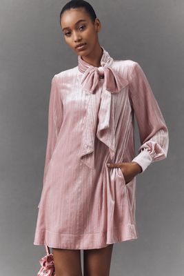 Maeve Long-Sleeve Tie-Neck Crushed Velvet Mini Dress