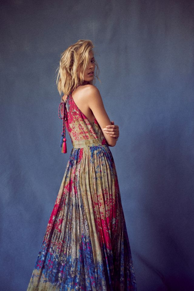 knee length dresses for ladies Abstract Floral Printed A-Line Pleated Tiered Flared Maxi Dress main image 1