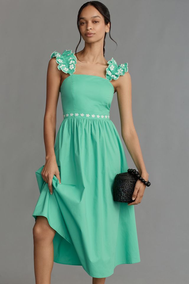 English Factory Ruffle-Sleeve Square-Neck A-Line Midi Dress