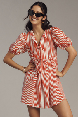 English Factory Petite Puff-sleeve Bow Mini Dress In Red