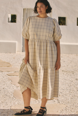 ENGLISH FACTORY PLUS PUFF-SLEEVE TIERED MIDI DRESS 