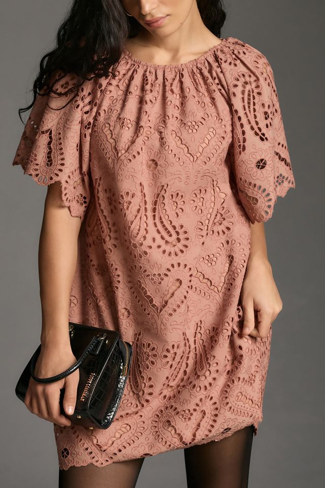 English Factory Short-Sleeve Eyelet Shift Mini Dress | Anthropologie