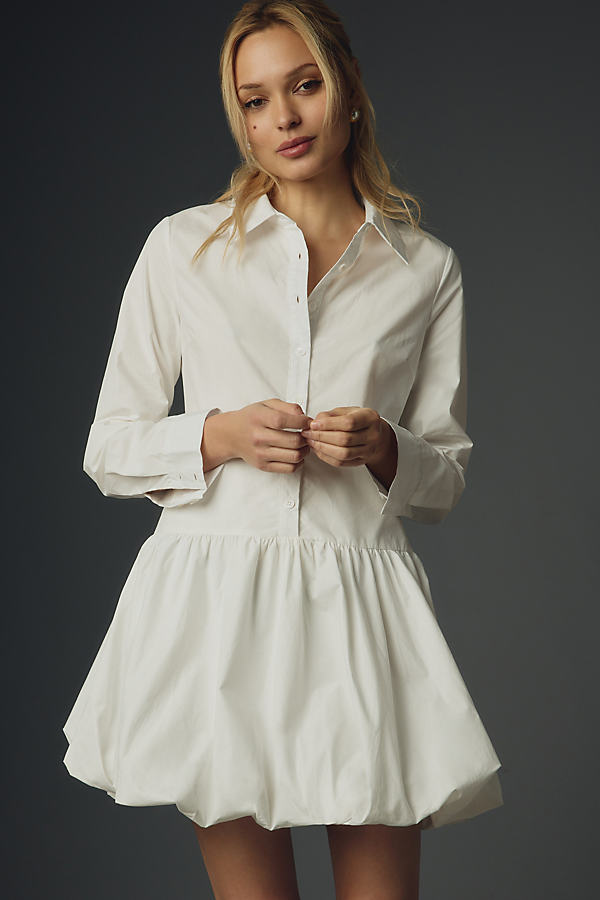 Shop English Factory Long-sleeve Collared Bubble-hem Mini Dress In White