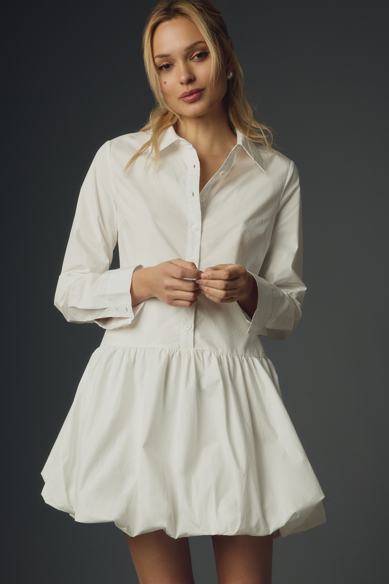 English Factory Long-Sleeve Collared Bubble-Hem Mini Dress