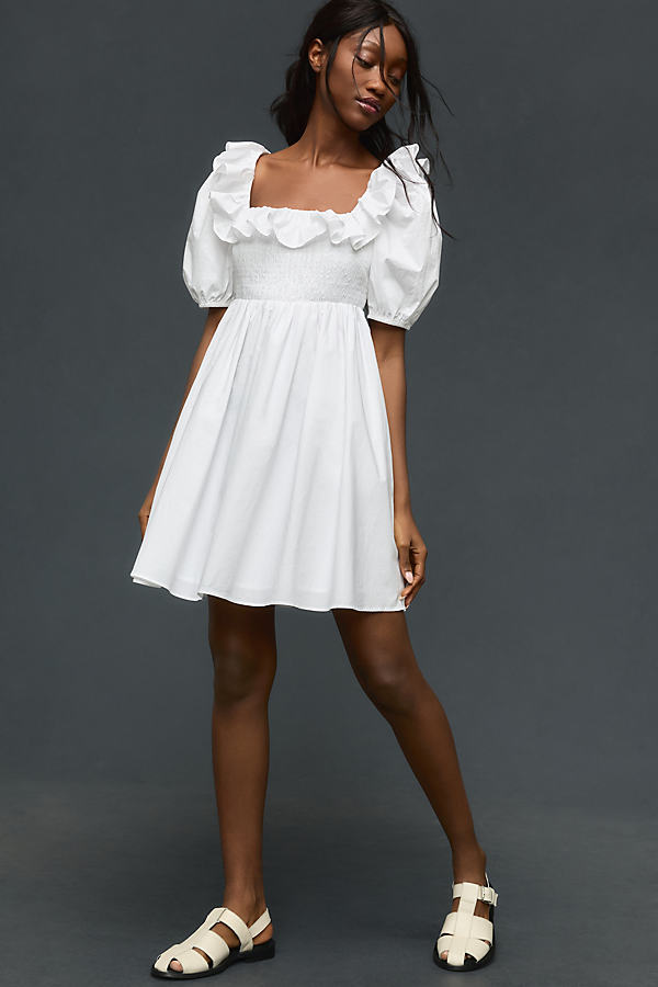 Shop English Factory Puff-sleeve Ruffled Smocked Mini Dress In White