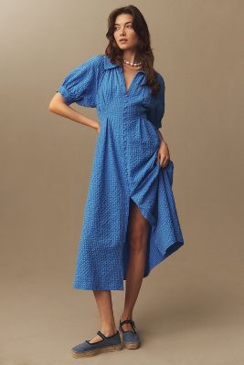 Shop English Factory Puff-sleeve Shirt Dress In Blue