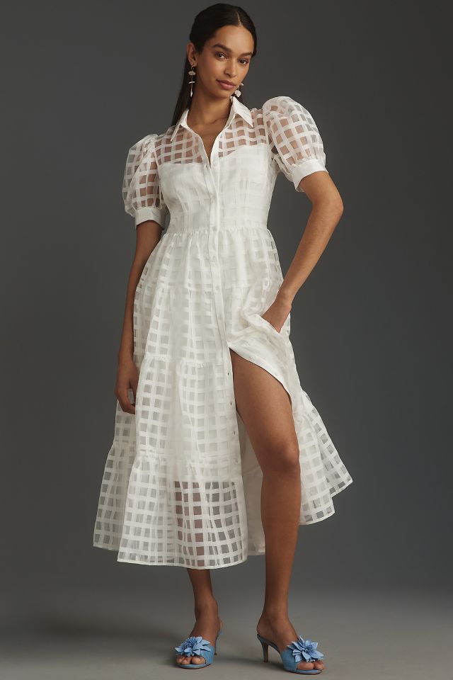 English Factory Organza Short Sleeve Button Front Midi Dress