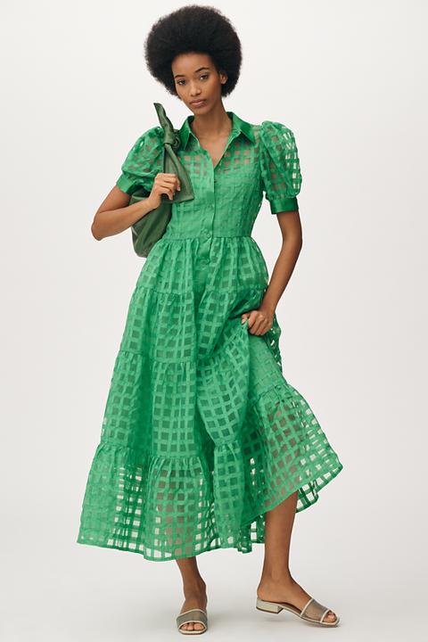 English Factory Organza Short-Sleeve Button-Front Midi Dress