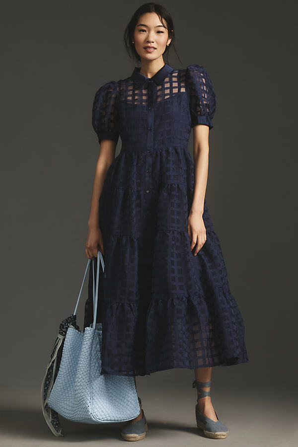 English Factory Organza Short-sleeve Button-front Midi Dress In Blue