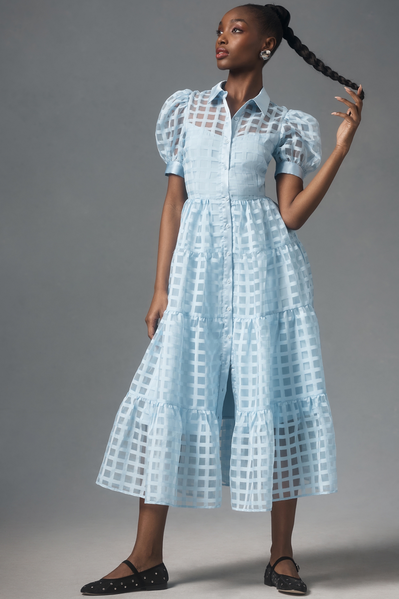 English Factory Organza Short-Sleeve Button-Front Midi Dress