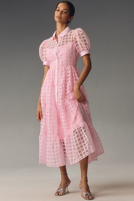 ENGLISH FACTORY ORGANZA SHORT-SLEEVE BUTTON-FRONT MIDI DRESS 