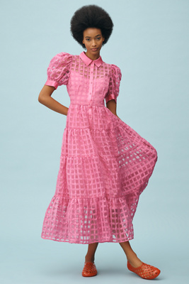 ENGLISH FACTORY ORGANZA SHORT-SLEEVE BUTTON-FRONT MIDI DRESS 