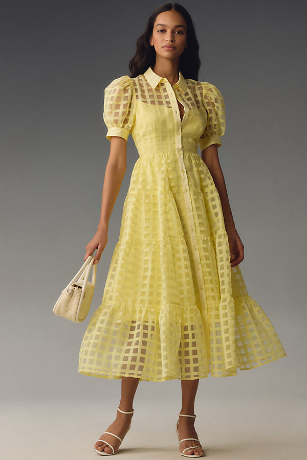 Shop English Factory Organza Short-sleeve Button-front Midi Dress In Yellow