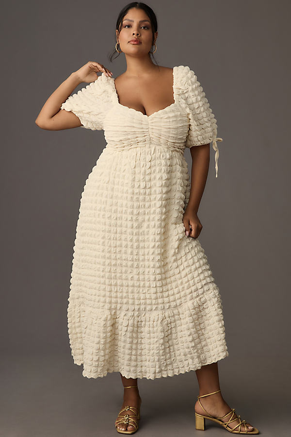Shop English Factory Plus Puff-sleeve Textured Midi Dress In White