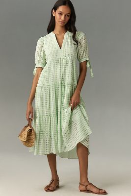 English Factory Short-Sleeve Gingham Tiered Midi Dress | Anthropologie