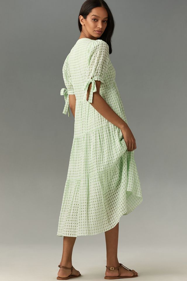 English Factory Short-Sleeve Gingham Tiered Midi Dress | Anthropologie