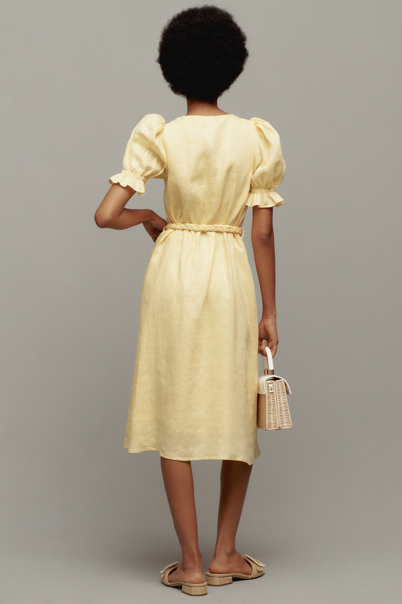 English Factory Puff-Sleeve Button-Front Linen Midi Dress