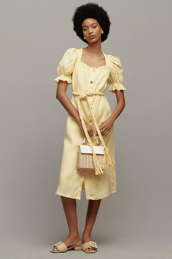 Shop English Factory Puff-sleeve Button-front Linen Midi Dress In Yellow