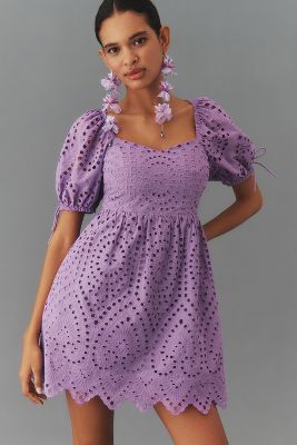 Shop English Factory Short-sleeve Scallop Mini Dress In Purple
