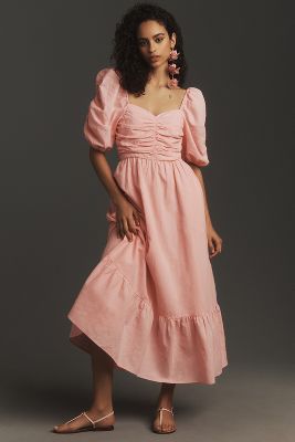Shop English Factory Short-sleeve Bow-back Linen Midi Dress In Pink