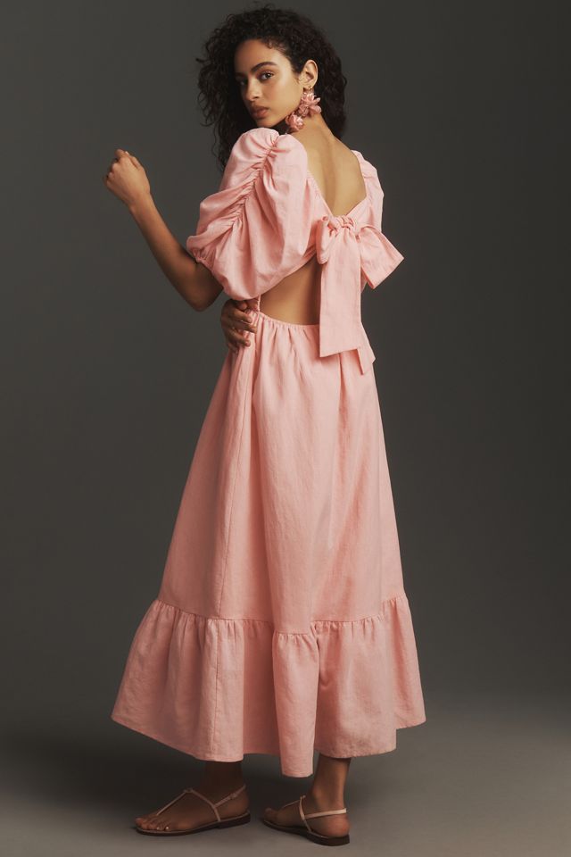 English Factory Short-Sleeve Bow-Back Linen Midi Dress | Anthropologie