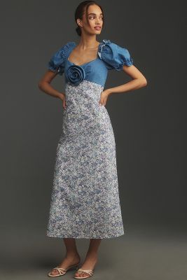 Shop English Factory Short-sleeve Denim Rosette Midi Dress In Blue