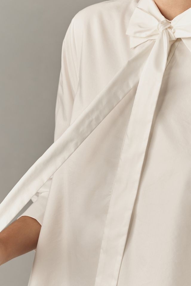 English Factory Long-Sleeve Bow-Tie Mini Shirt Dress | Anthropologie