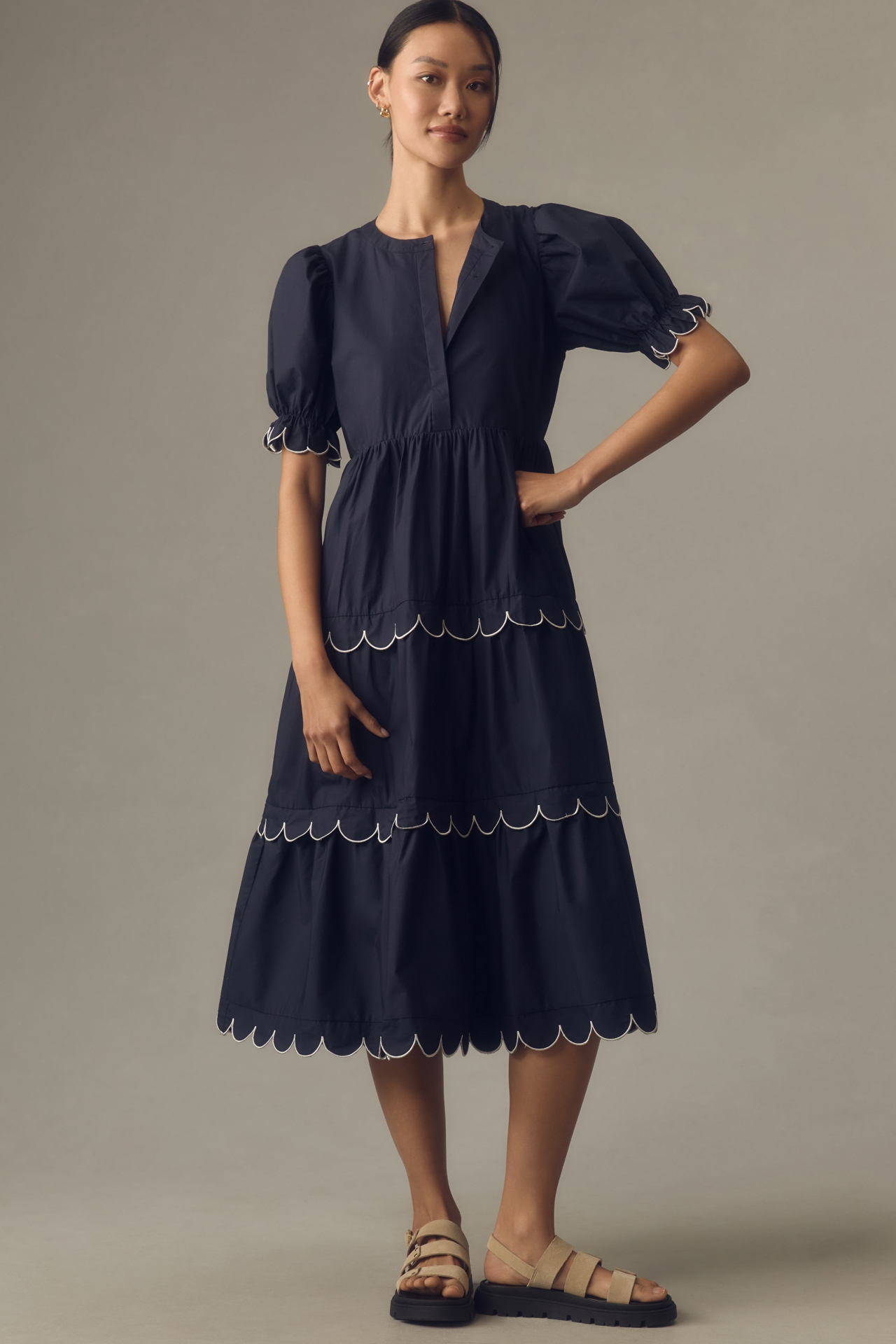 English Factory Short-Sleeve Scallop-Edge Midi Dress