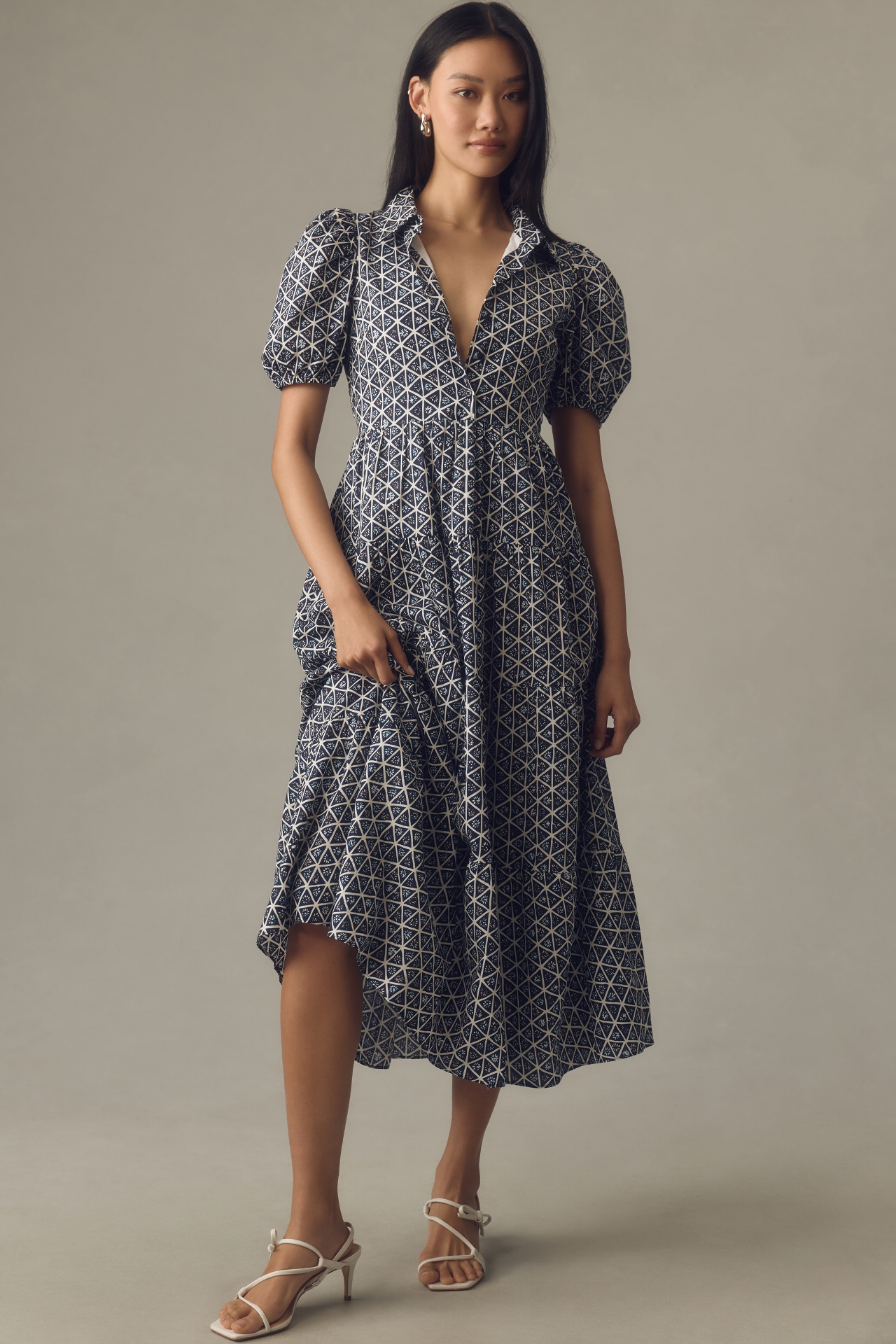 English Factory Puff-Sleeve Tiered Midi Shirt Dress