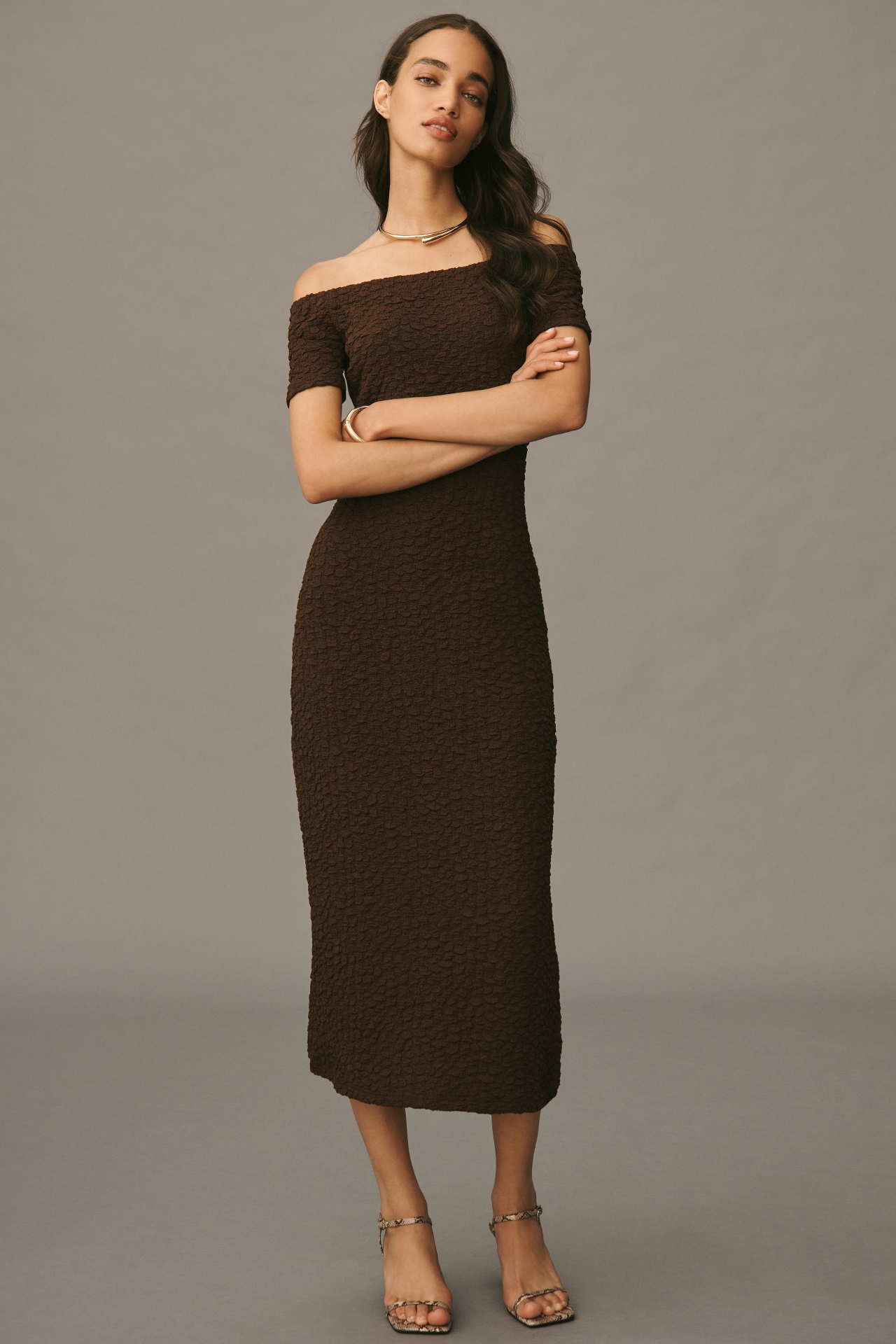 English Factory Off-The-Shoulder Textured Midi Dress