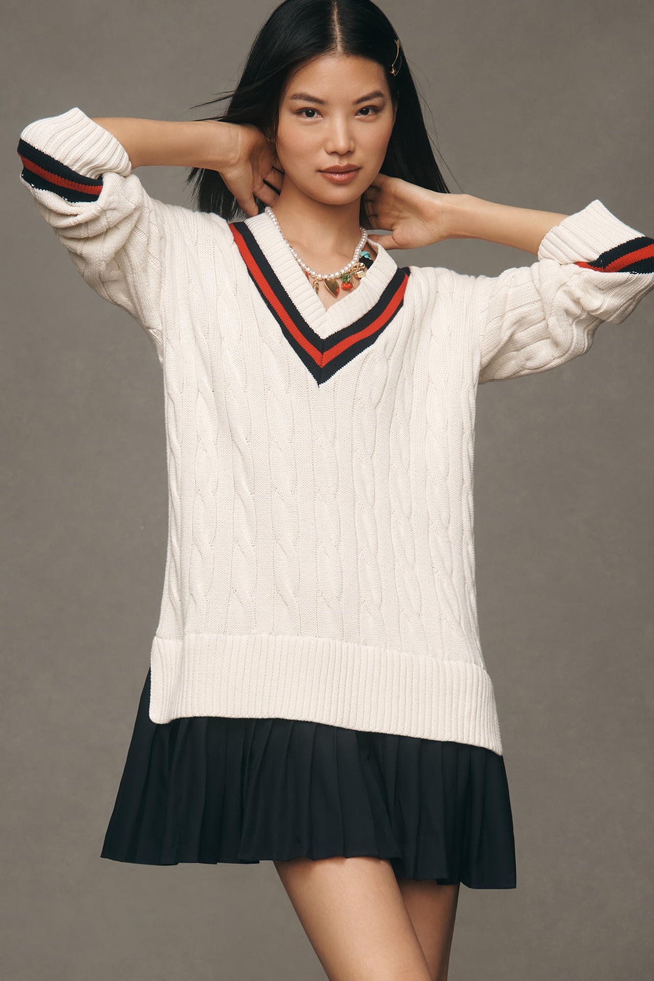 english factory pleated twofer sweater mini dress English Factory Long-Sleeve Polo Pleated Twofer Mini Dress