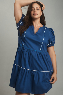 English Factory Plus Puff-sleeve Mini Dress In Blue