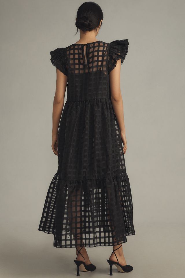 English Factory Flutter-Sleeve Sheer Gridded Midi Dress #1