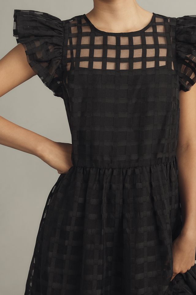 English Factory Flutter-Sleeve Sheer Gridded Midi Dress #2