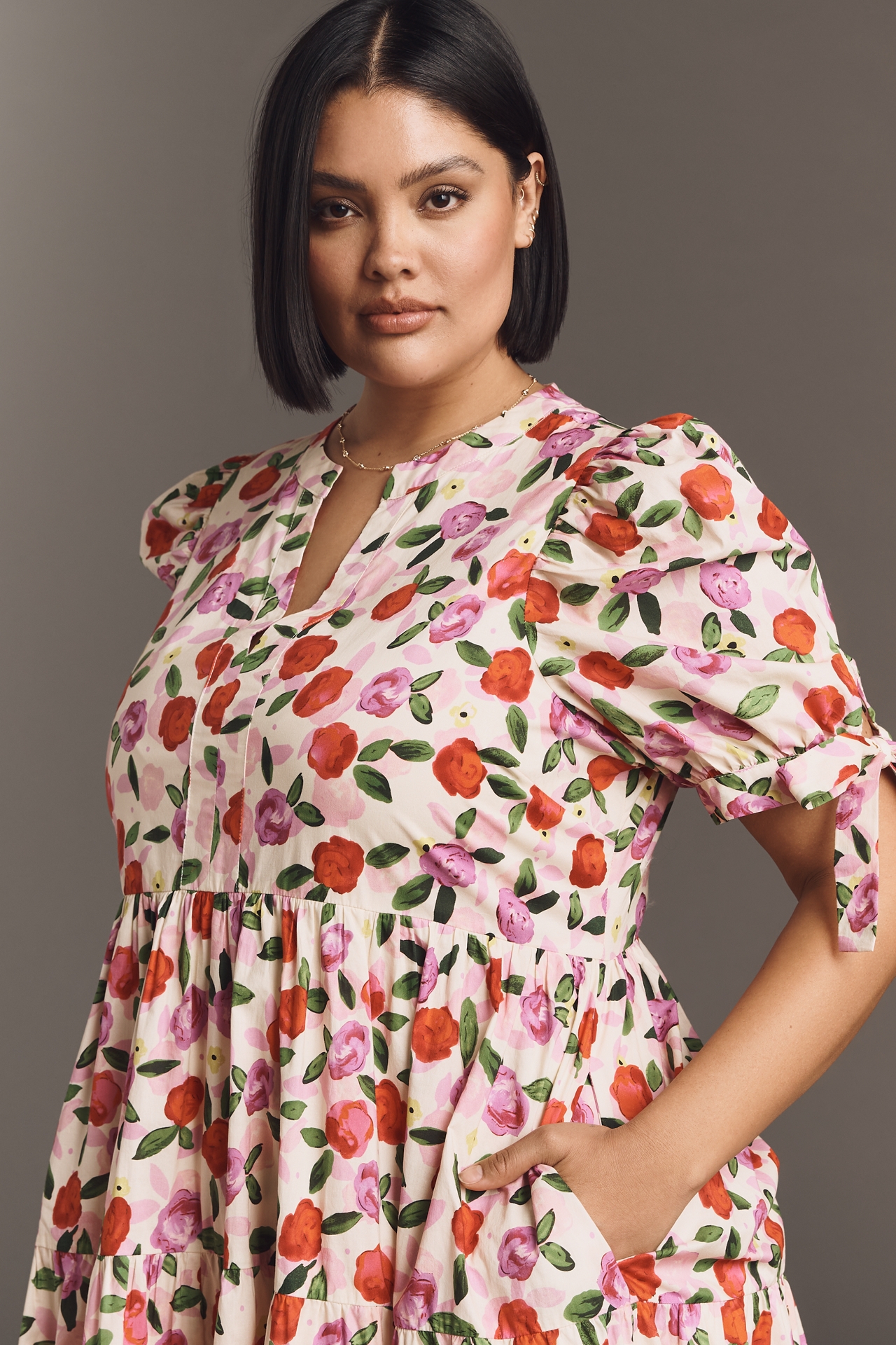 English Factory Plus Puff-Sleeve Tiered Midi Dress